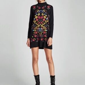 Zara Black Floral Embroidered Dress, Sz M